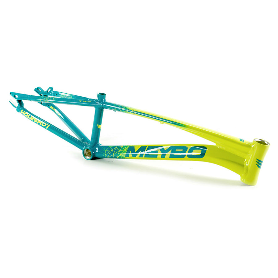 A blue and yellow BMX Meybo 2024 Holeshot Pro XXXXL Frame with Meybo branding on a white background.