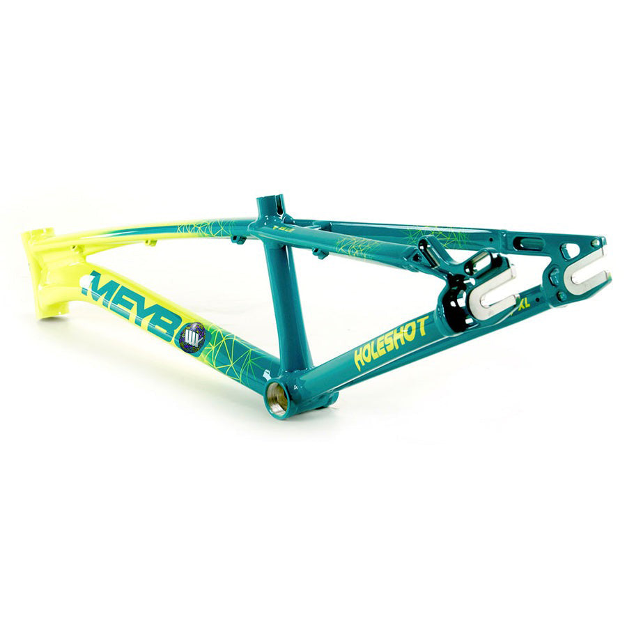 Meybo 2024 Holeshot Expert XL turquoise to yellow gradient BMX race bike frame with "holeshot" text, intricate graphic designs, and a disc brake system.
