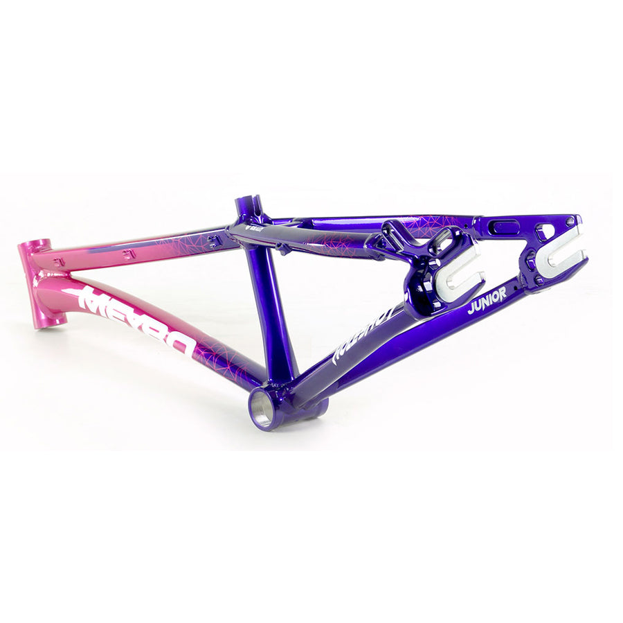 A purple Meybo 2024 Holeshot Expert XL race bike frame with disc brake on a white background.