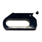 Meybo Holeshot Frame Dropout Plate: black metal V-brake plate with an elongated oval cutout and a small screw above right, shown with the Meybo Holeshot frame on a white background.