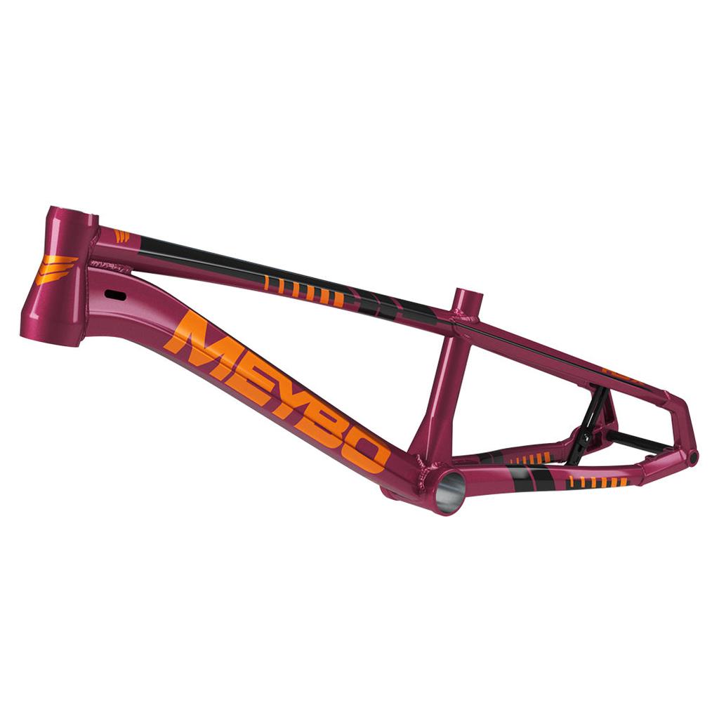 The Meybo 2026 HSX Alloy Junior Frame is a maroon and black BMX with orange accents and branding, made from 6061 T-6 hydroformed tubing, displayed against a white background.