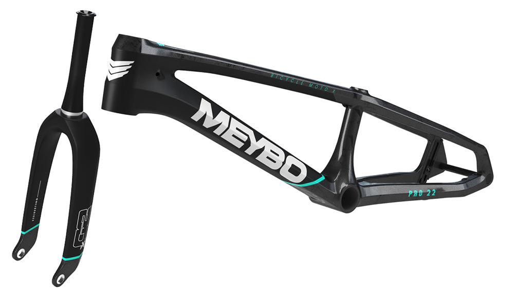 The Meybo 2026.5 Carbon HSX Pro Cruiser Frame & Fork Kit is a black BMX race frame with matching fork, white branding, light blue model details, and a fixed dropout design.
