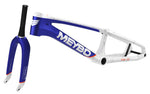 The Meybo 2026.5 Carbon HSX Pro XXL Frame & Fork Kit, in blue and white with advanced BMX race engineering and a fixed dropout design, is shown on a white background.