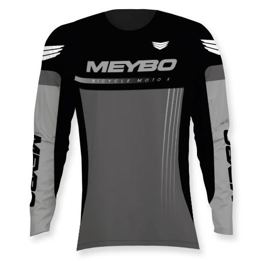 The Meybo Prime Slimfit Race Jersey (Youth) comes in bold black and gray, showcasing "MEYBO" and "BICYCLE MOTO X" on the chest and "MEYBO" on both sleeves. Stay ahead in style—new colours arriving in 2026!.