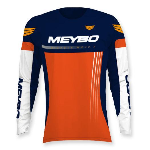 The Meybo Prime Slimfit Race Jersey (Youth) features long sleeves, bold "MEYBO" branding on the chest and sleeves, new 2026 colors in navy, orange, and white blocks, plus eye-catching graphics on the shoulders and sides.