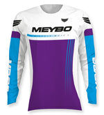 The Meybo Prime Slimfit Race Jersey (Youth) for 2026 features a slim fit, white, purple, and blue panels, "MEYBO" and "BICYCLE MOTOK" text on the chest, plus bold black wing graphics on the shoulders.