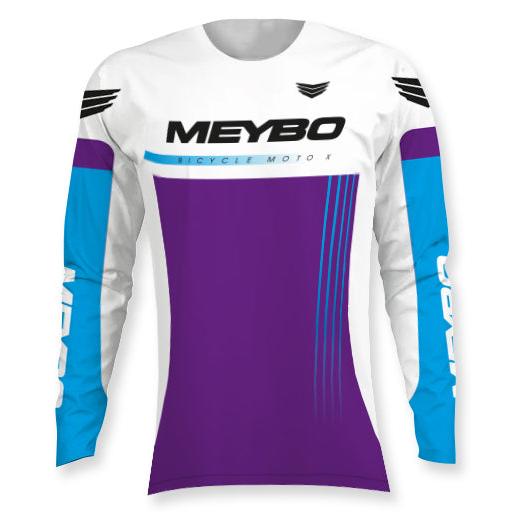 The Meybo Prime Slimfit Race Jersey (Youth) for 2026 features a slim fit, white, purple, and blue panels, "MEYBO" and "BICYCLE MOTOK" text on the chest, plus bold black wing graphics on the shoulders.