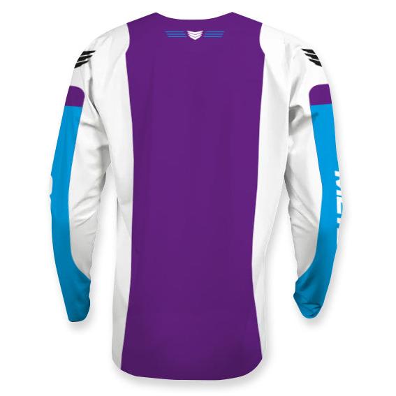 The Meybo Prime Slimfit Race Jersey (Youth) for 2026 features a purple back panel, white side panels, and blue and white sleeves in fresh new colours, shown from the back.