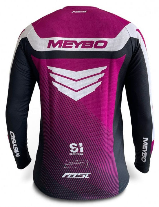 The back of a pink and black Meybo V6 Slimfit Race Jersey with the word mebo on it.
