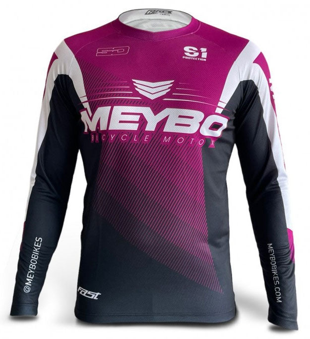 A pink and black long sleeve Meybo V6 Slimfit Race Youth Jersey with the word mebo on it.