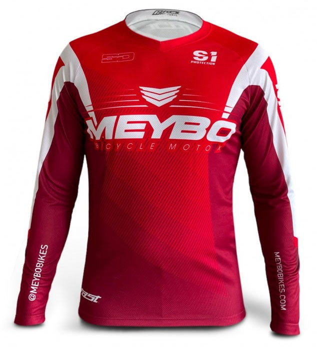 A red and white Meybo V6 Slimfit Race Youth Jersey with the words mebo on it.