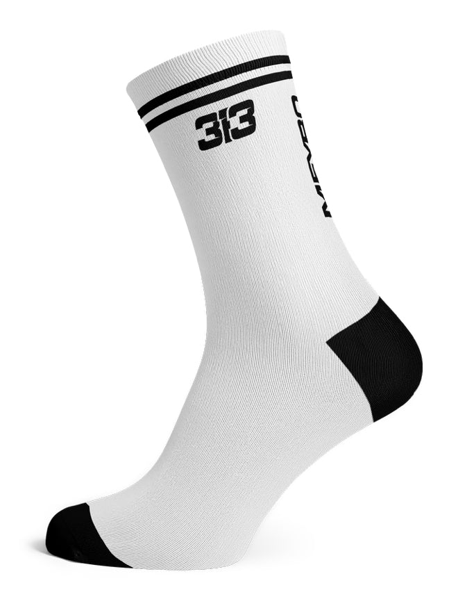 The Meybo Sock Ribbed Crew features a white athletic design with black toe and heel, black stripes at the top, “33” on the side, and “MAVEN” written vertically—perfect for your next recovery ride or as your favorite everyday crew socks.