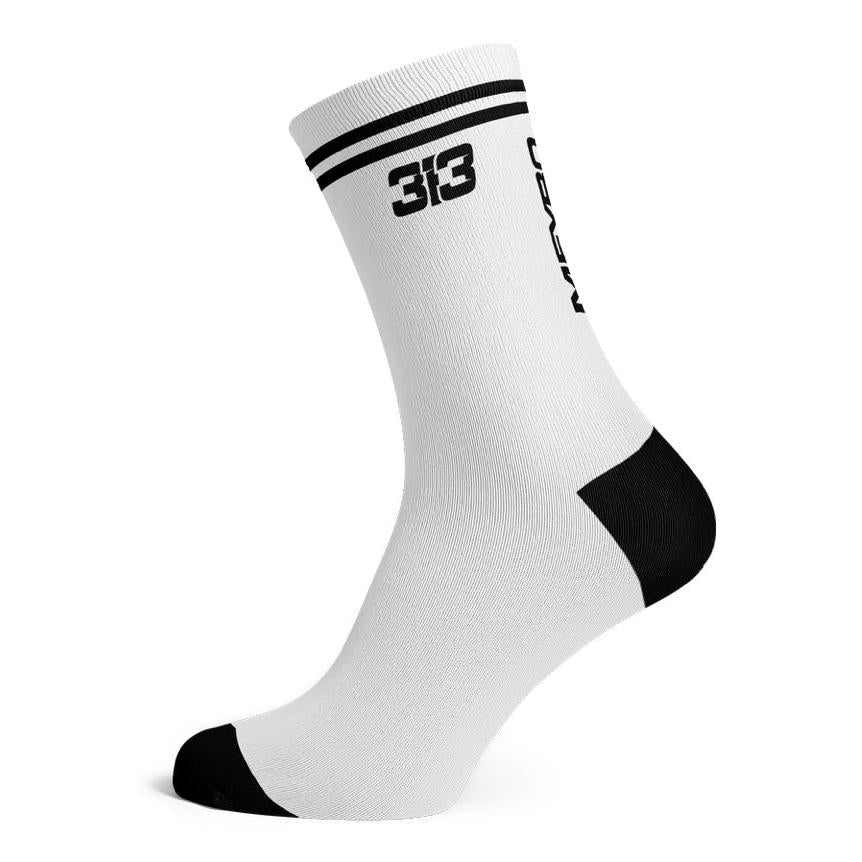 The Meybo Sock Ribbed Crew features a white athletic design with black toe and heel, black stripes at the top, “33” on the side, and “MAVEN” written vertically—perfect for your next recovery ride or as your favorite everyday crew socks.