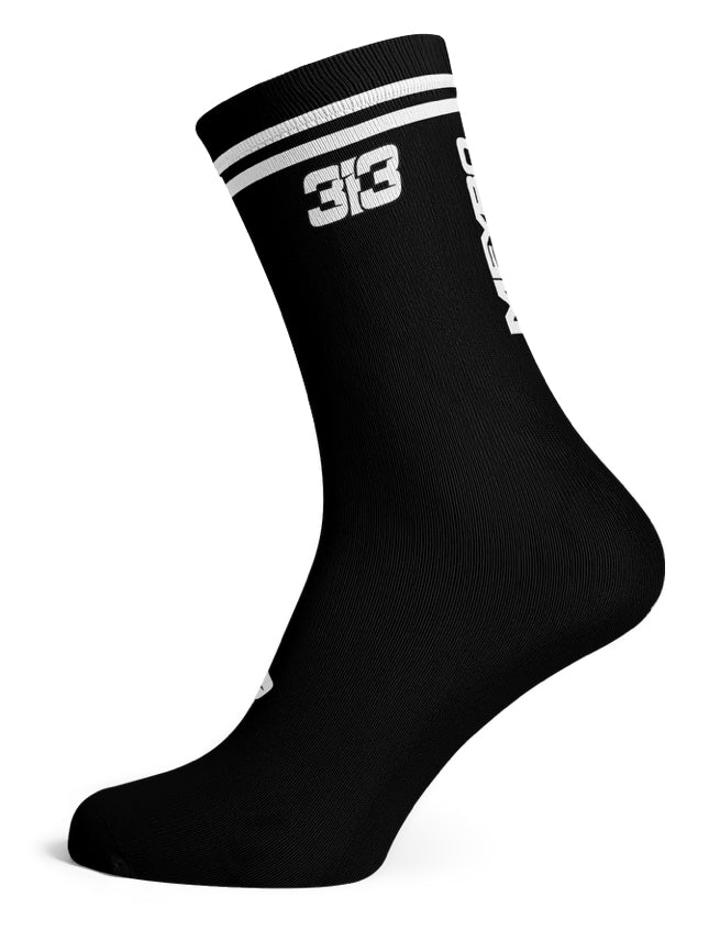 The Meybo Sock Ribbed Crew in black features two white stripes and “313” printed near the top, making it perfect for your next recovery ride. Displayed on a white background.