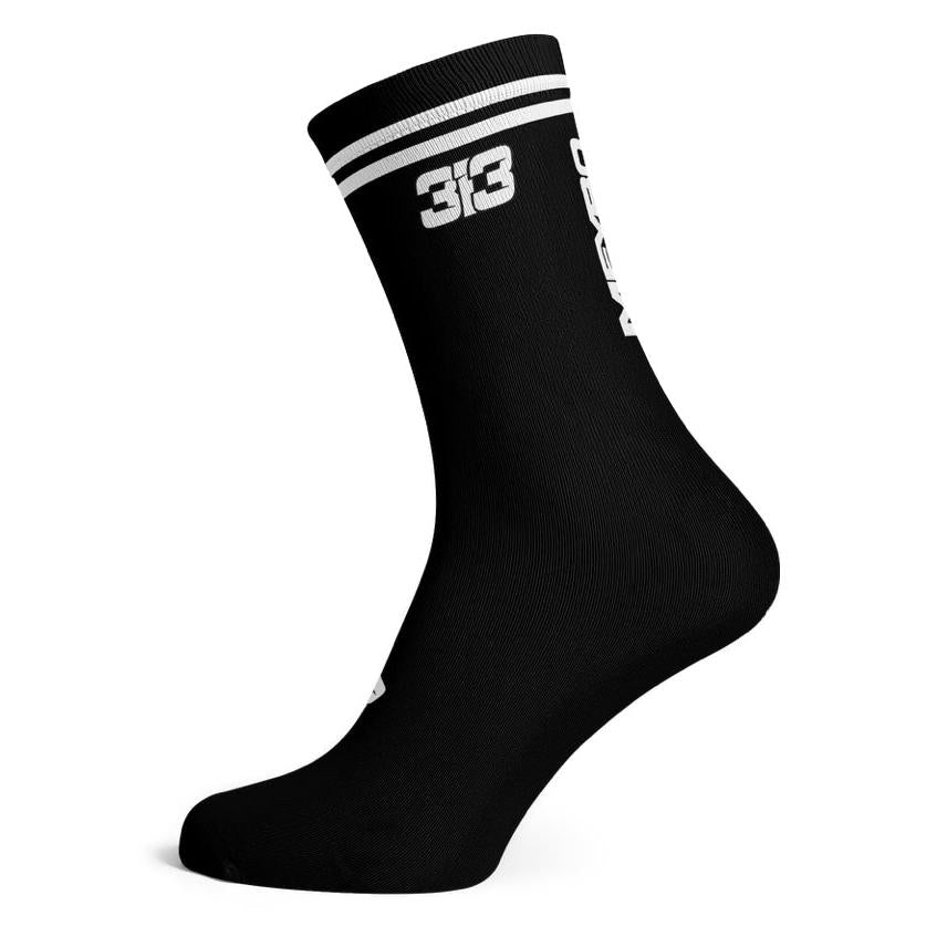 The Meybo Sock Ribbed Crew in black features two white stripes and “313” printed near the top, making it perfect for your next recovery ride. Displayed on a white background.