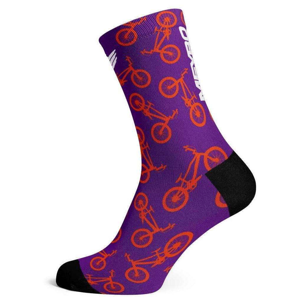 The Meybo Sock Ribbed Crew Sock in purple features an orange bicycle pattern with black heel and toe accents—ideal for racing or standing out on the dance floor.