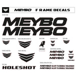 Assortment of black and white Meybo Universal Frame Sticker Kit for various bike parts like down tube, seat tube, and chainstay.