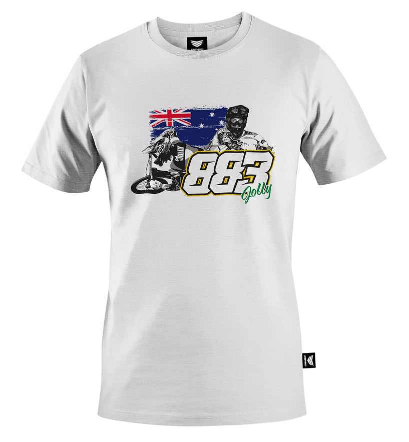Show your Aussie pride with the Meybo Josh Jolly T-Shirt. This white tee showcases an Australian flag, dynamic illustrations of a bird and rider, the number 883, and “Jolly” in green—capturing the vibrant spirit of an Australian champion. Celebrate world-class energy with this unique Meybo design.
