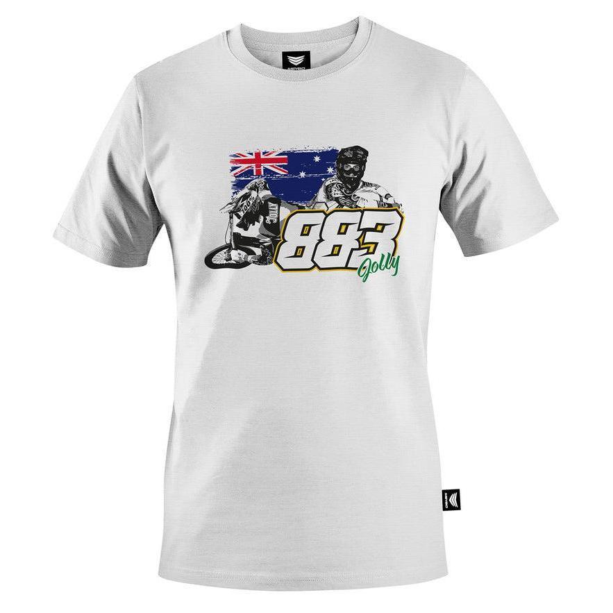 Show your Aussie pride with the Meybo Josh Jolly T-Shirt. This white tee showcases an Australian flag, dynamic illustrations of a bird and rider, the number 883, and “Jolly” in green—capturing the vibrant spirit of an Australian champion. Celebrate world-class energy with this unique Meybo design.