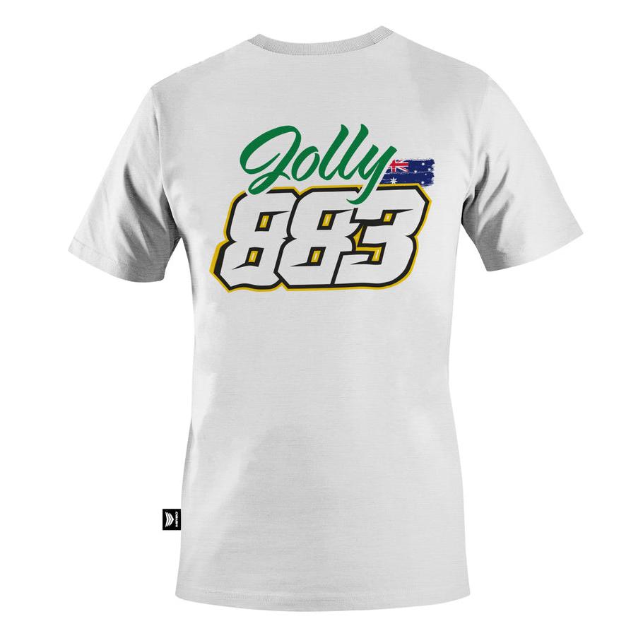 Celebrate the spirit of world champions with the Meybo Josh Jolly T-Shirt—a white tee featuring “Jolly” in green script, bold “883” numbers, and a small Australian flag above the numbers on the back. Inspired by Australia’s rider legacy, this shirt is perfect for fans who want to show their support for champions from down under.