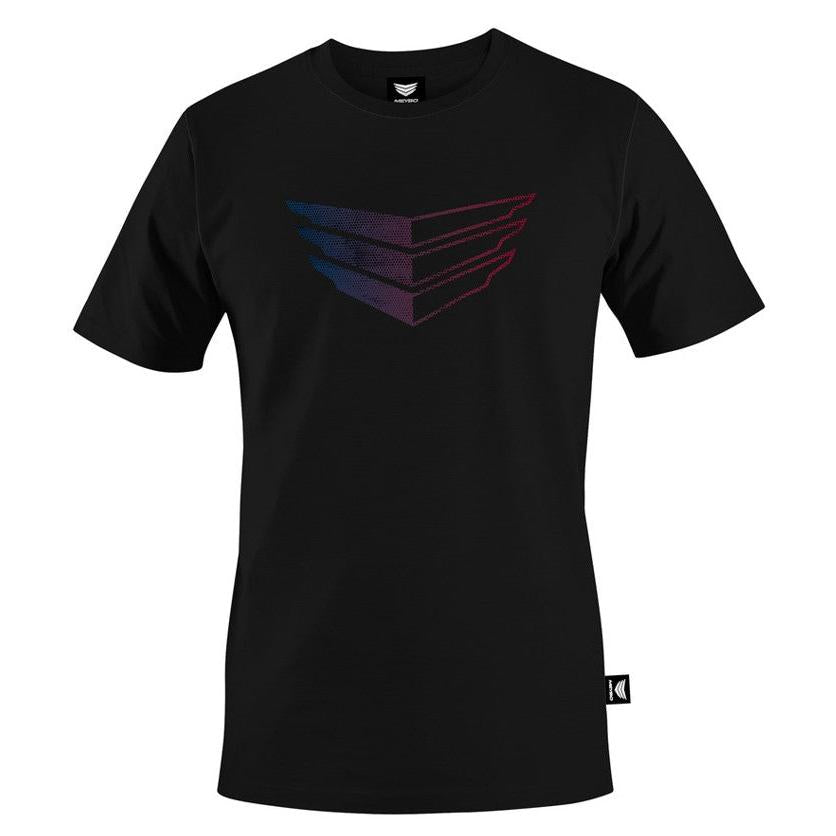 Meybo Wing T-Shirt in black, showcasing a stylized, three-layered chevron design with a blue-to-purple gradient centered on the chest.