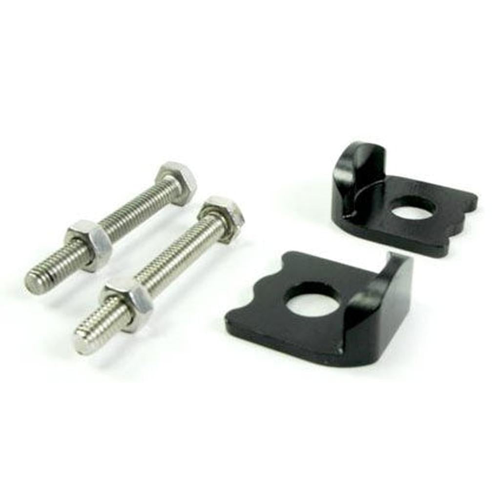 The Meybo Holeshot Chain Tensioner Kit 10mm Axle includes two metal bolts with nuts and two black L-shaped brackets with holes, designed for 10mm drop outs—perfect as a chain tensioner solution for Meybo Holeshot bikes.