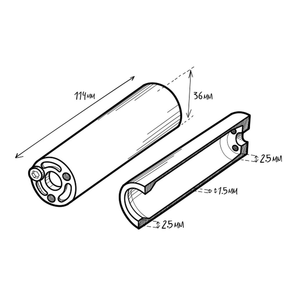 The Fly Bikes Acero ST Peg features a cylindrical design with a section cut open to display measurements: 114mm in length, 36mm diameter, and thicknesses of 25mm and 1.5mm. This street version peg is precision CNC machined from 4140 Cr-Mo for enhanced durability.
