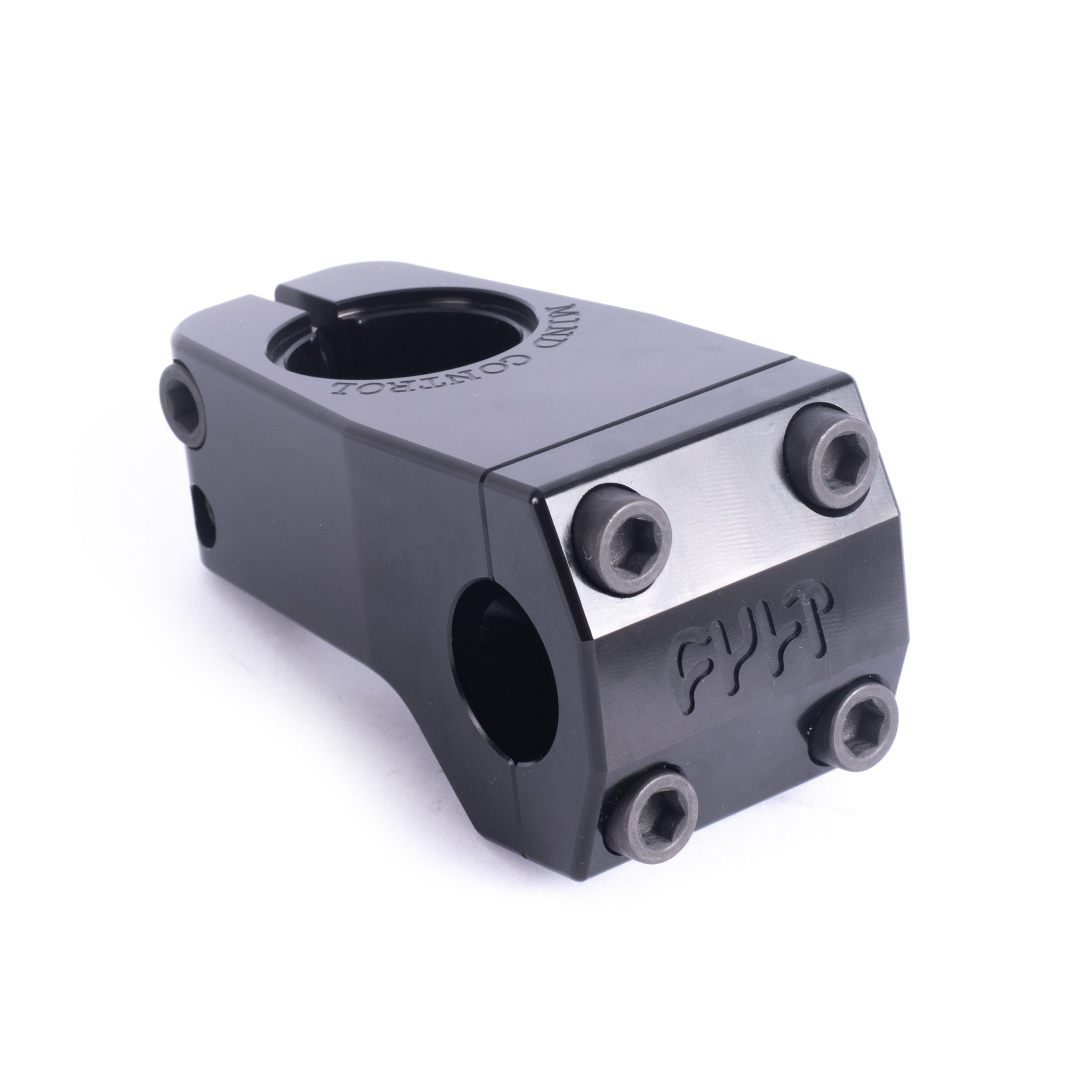 The Cult Mind Control Stem is a durable BMX front load stem with four hex bolts on the front plate and "CULT" engraving, designed for reliable performance. Shown against a white background.