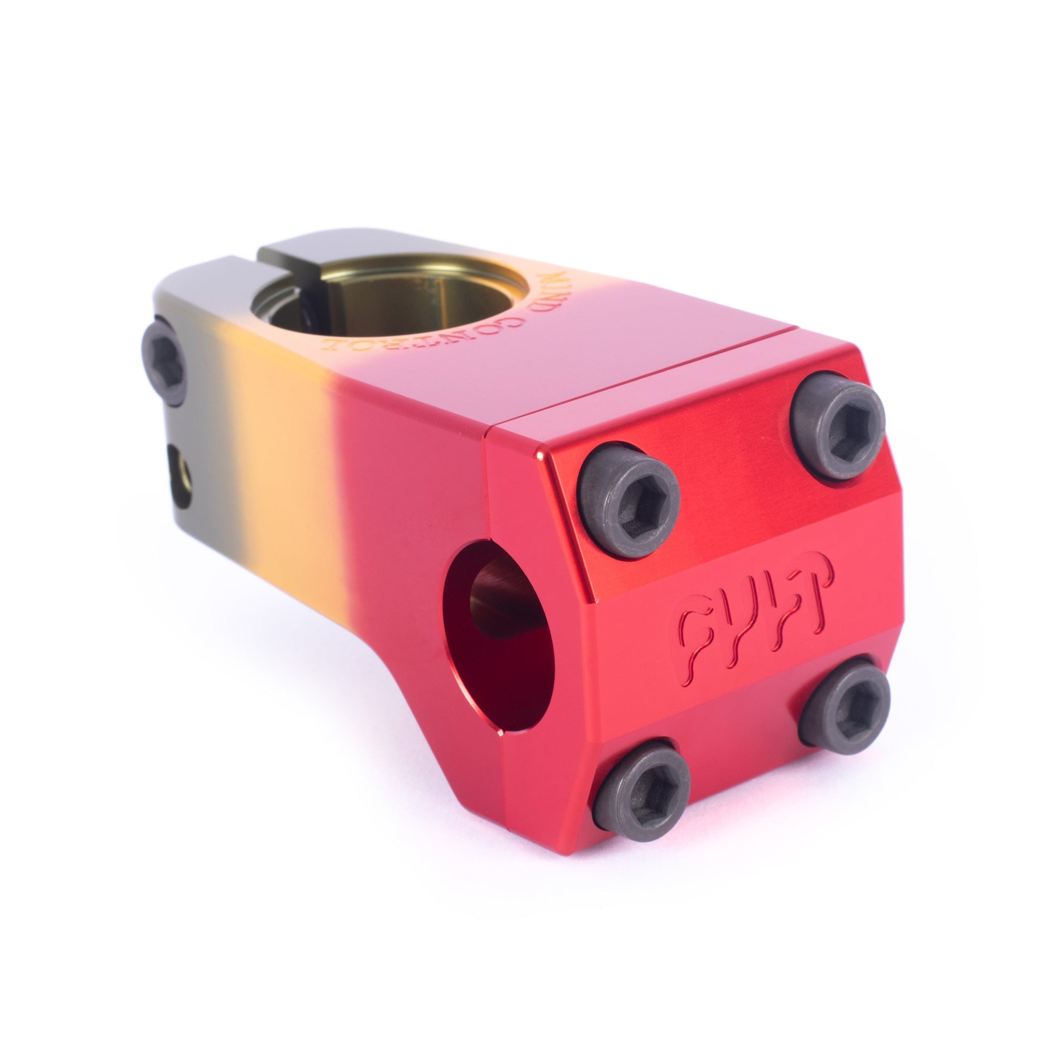 The Cult Mind Control Stem is crafted from 6061 aluminum with a gold-to-red gradient finish, four black bolts, and engraved text on the front face in a front-loading design.