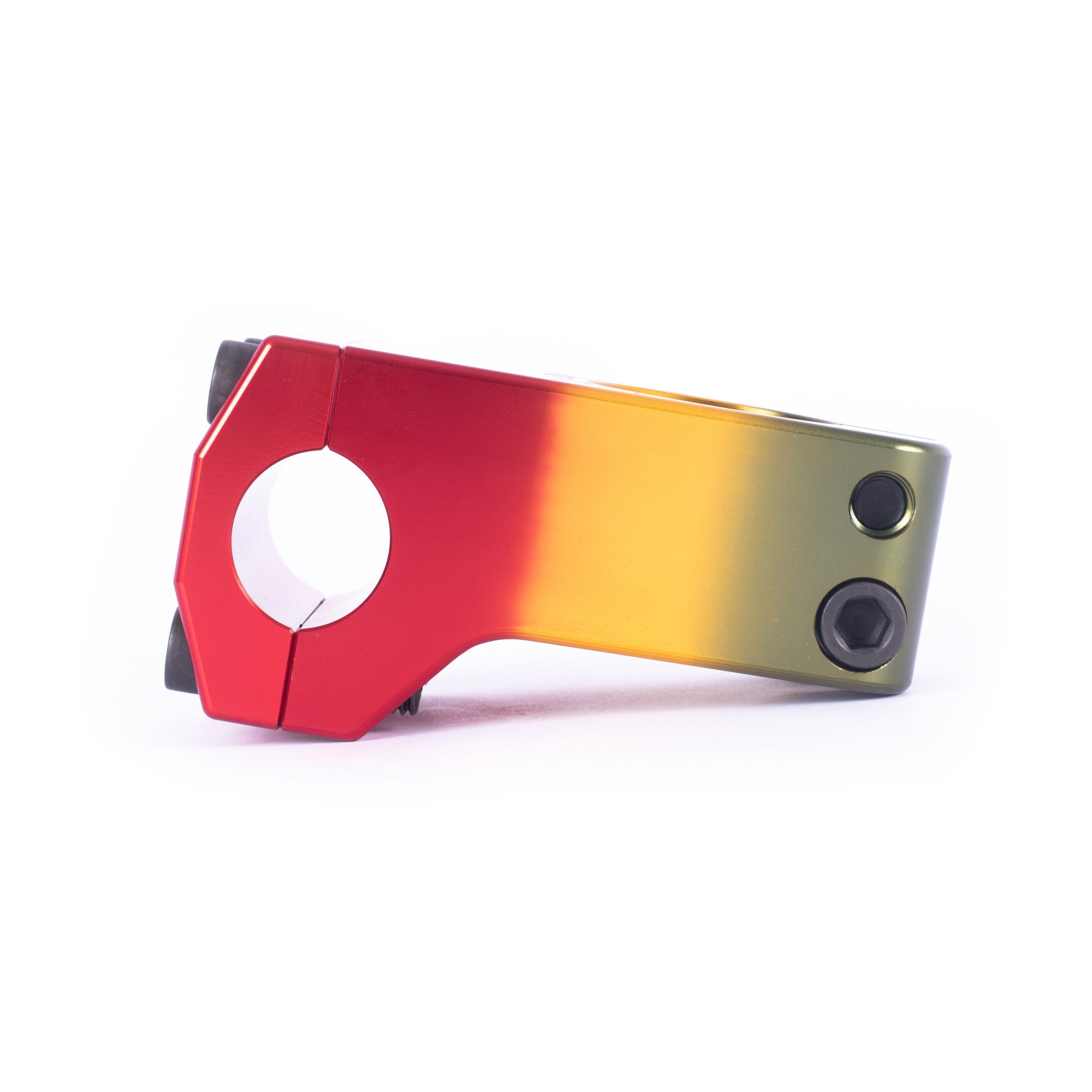 The Cult Mind Control Stem features a striking red, yellow, and green gradient finish with two black bolts on one end and a circular opening on the other—perfect as a front load stem for your BMX setup.
