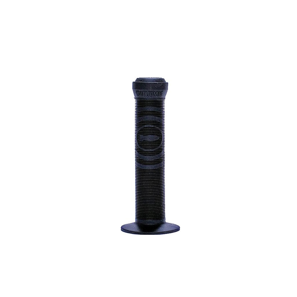 A single Demolition Missile Grip in black rubber with a textured mushroom pattern and flared end, compatible with BMX grips and Demolition bar ends, standing upright on a white background.