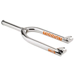 A silver Mission Battalion V2 Fork with the word "MISSION" in orange lettering on the side.