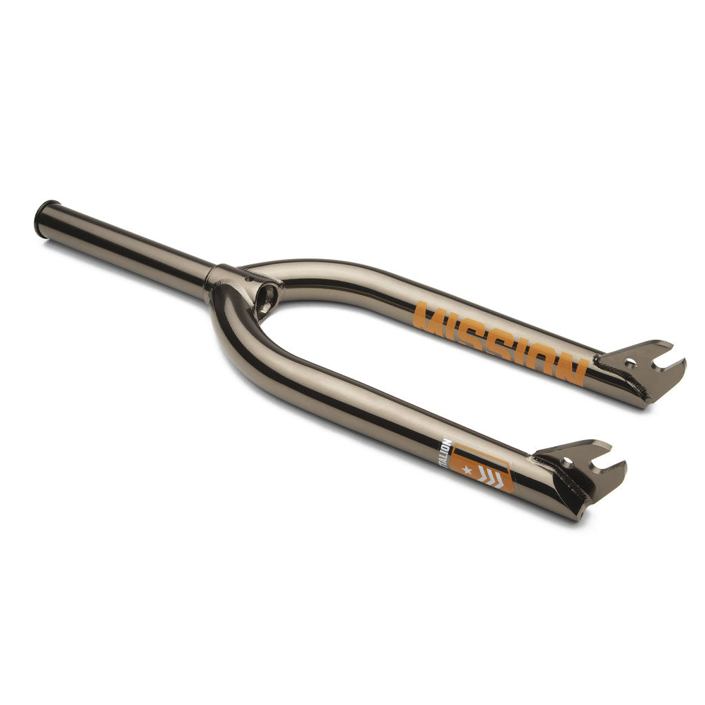A black bike fork with the brand name "Mission Battalion V2 Fork," crafted from durable Chromoly steel, and adorned with a small logo of stars and stripes on a white background.