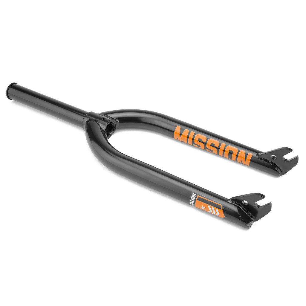 Black bicycle fork with "Mission Battalion V2 Fork" printed in orange on the side and a star logo near the base, crafted from durable Chromoly steel forks.