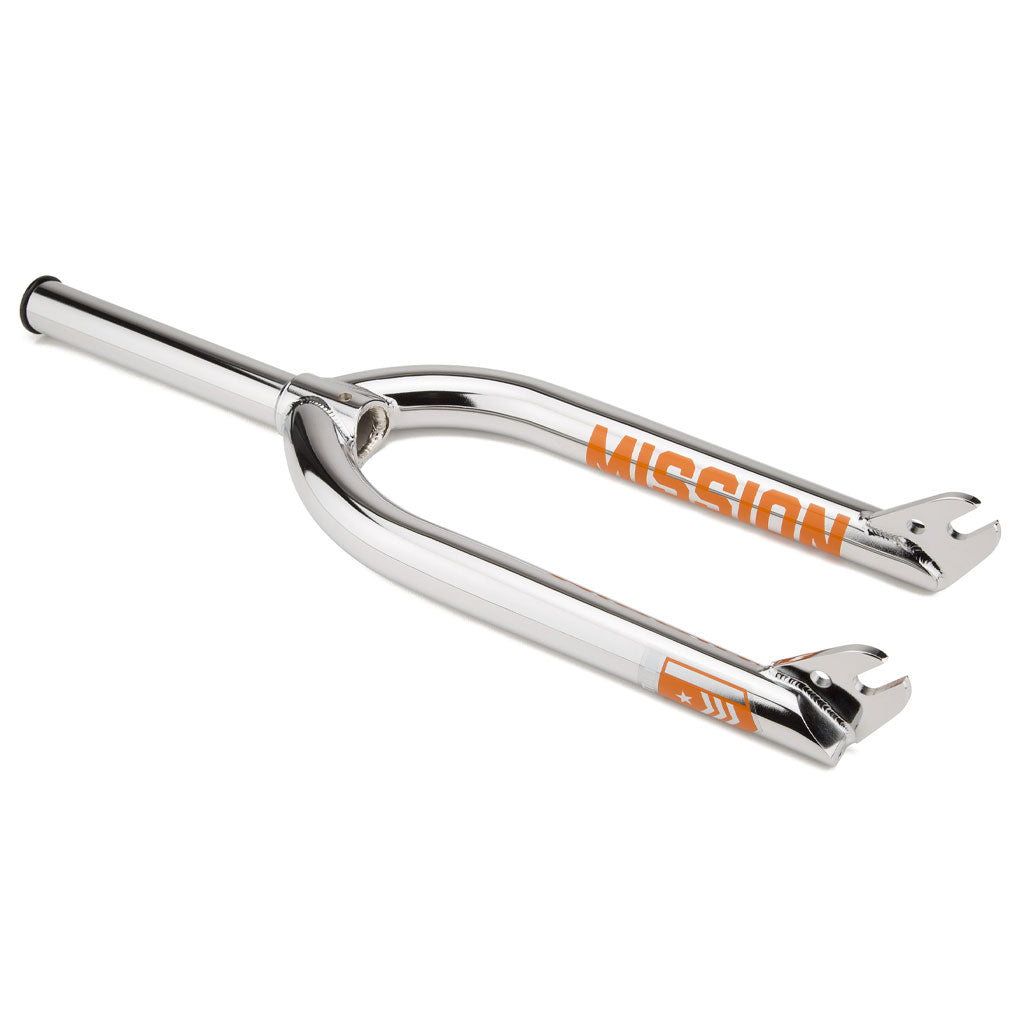 A silver Mission Battalion V2 Fork with the word "MISSION" in orange lettering on the side.