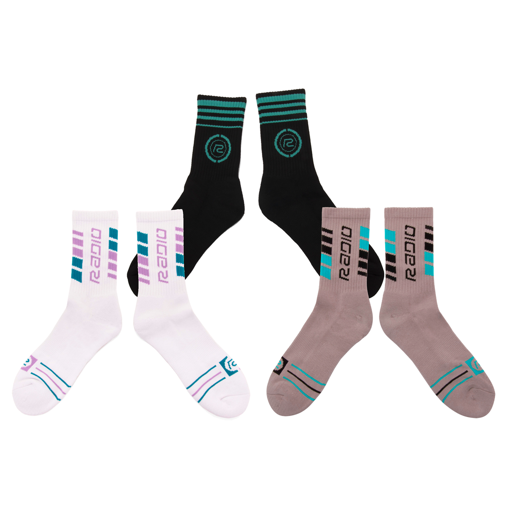 A group of Radio Raceline Team Socks with different colors.
