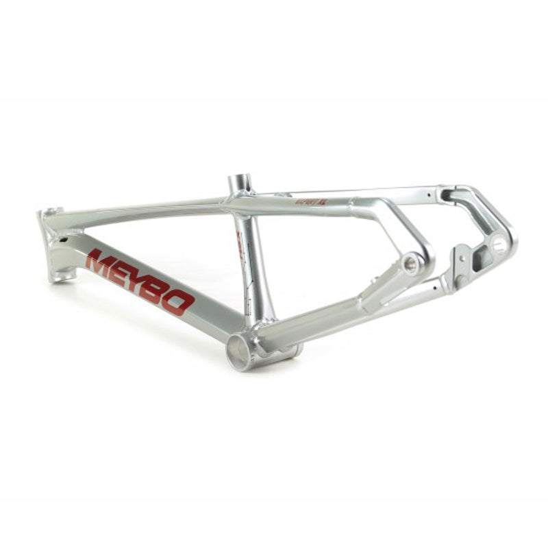A silver bike frame with internal cable routing, Meybo 2024 HSX Pro Cruiser Frame alloy frame on a carbon frame.