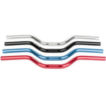 Four Avian Alloy Race Bars 3 Inch in silver, black, blue, and red are lined up horizontally, each with a slight rise and "AVIAN" branding—perfect handlebars for kids' mini and junior race bikes.