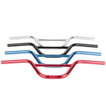 Four Avian Alloy Race Bars 7 Inch BMX handlebars in silver, black, blue, and red are stacked horizontally against a white background—perfect for expert/XL race bikes.