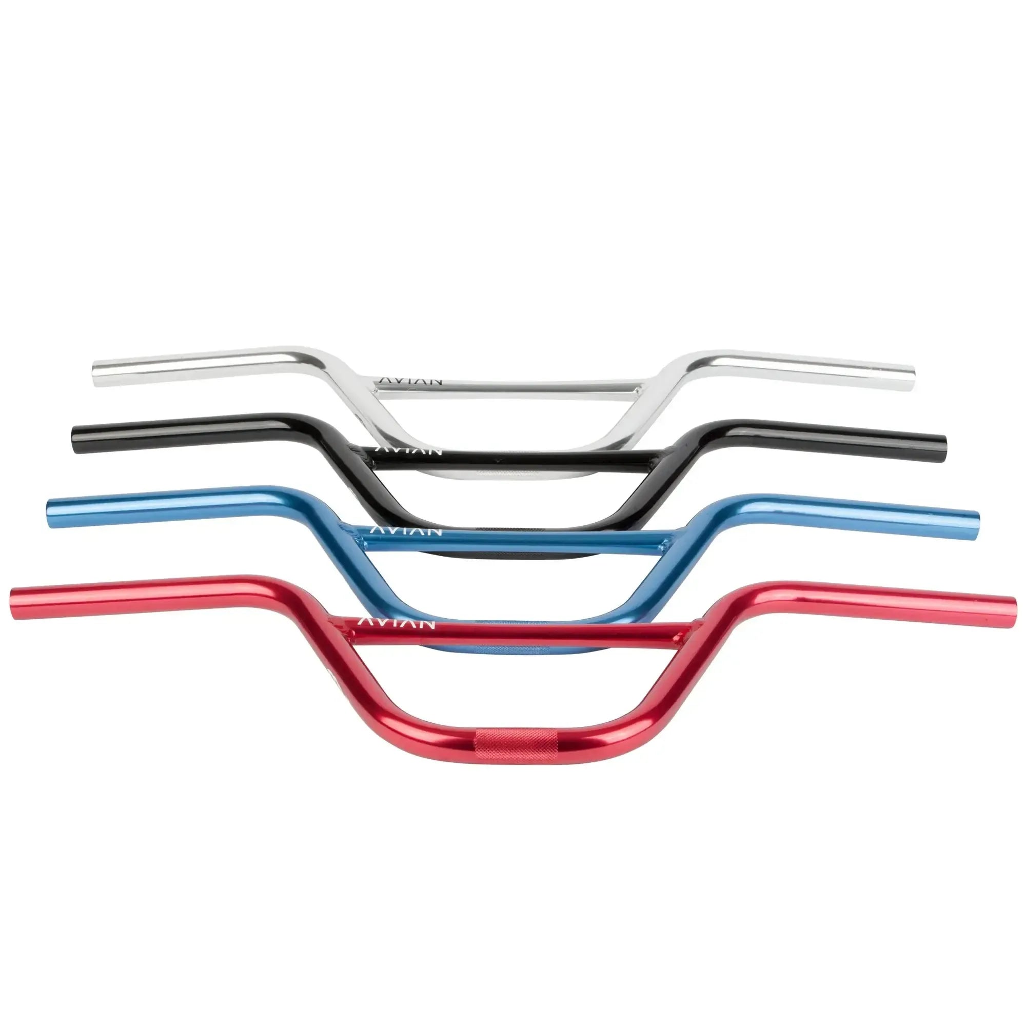 Four Avian Alloy Race Bars 5.5 Inch—ideal for expert/XL BMX race bikes—are stacked horizontally in silver, black, blue, and red alloy on a white background.