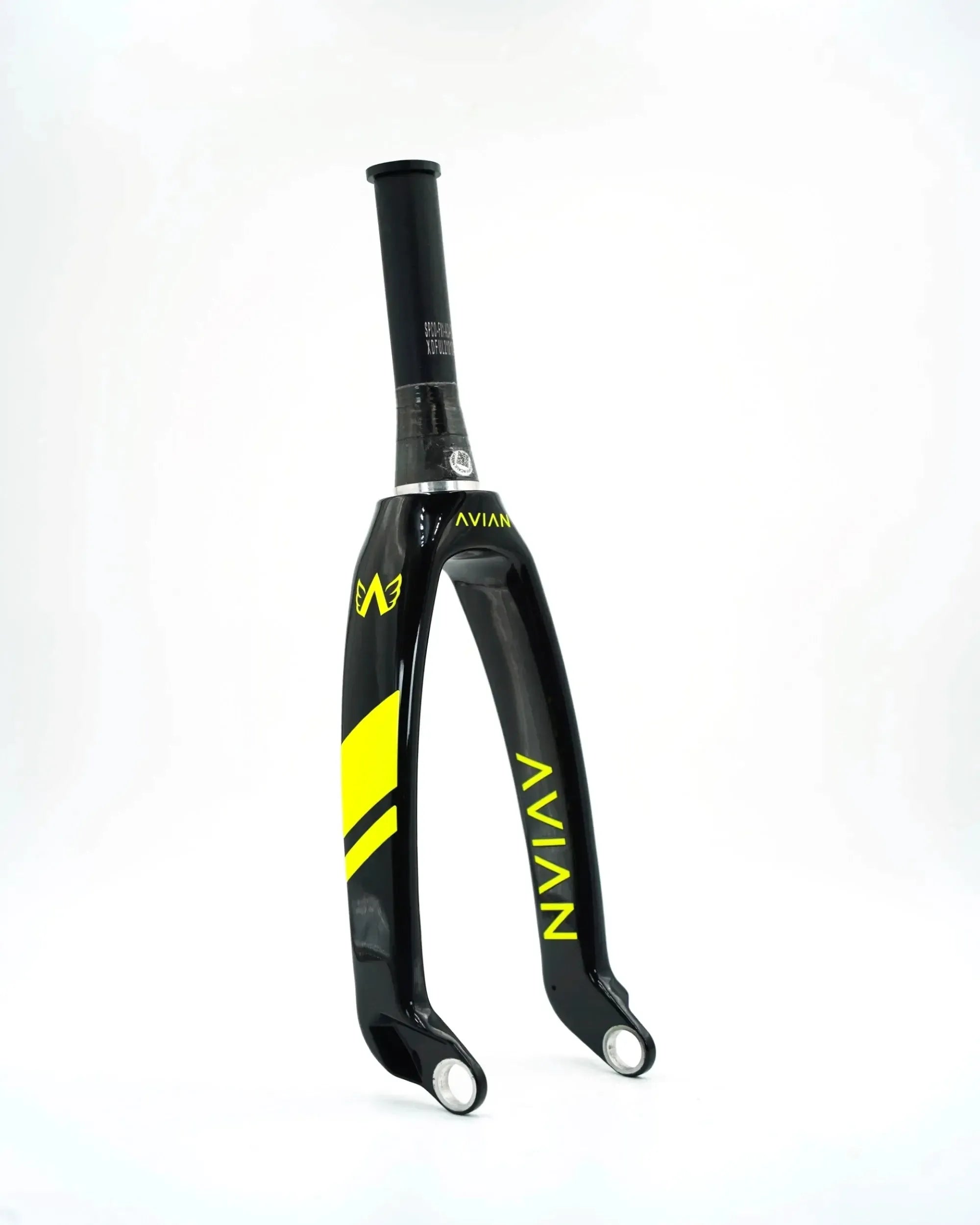 The Avian Versus Pro 20 Inch 20mm Tapered Carbon Fork, in black and yellow with a straight steerer, is crafted from premium Toray carbon—ideal for BMX racing frames and shown upright on a white background.