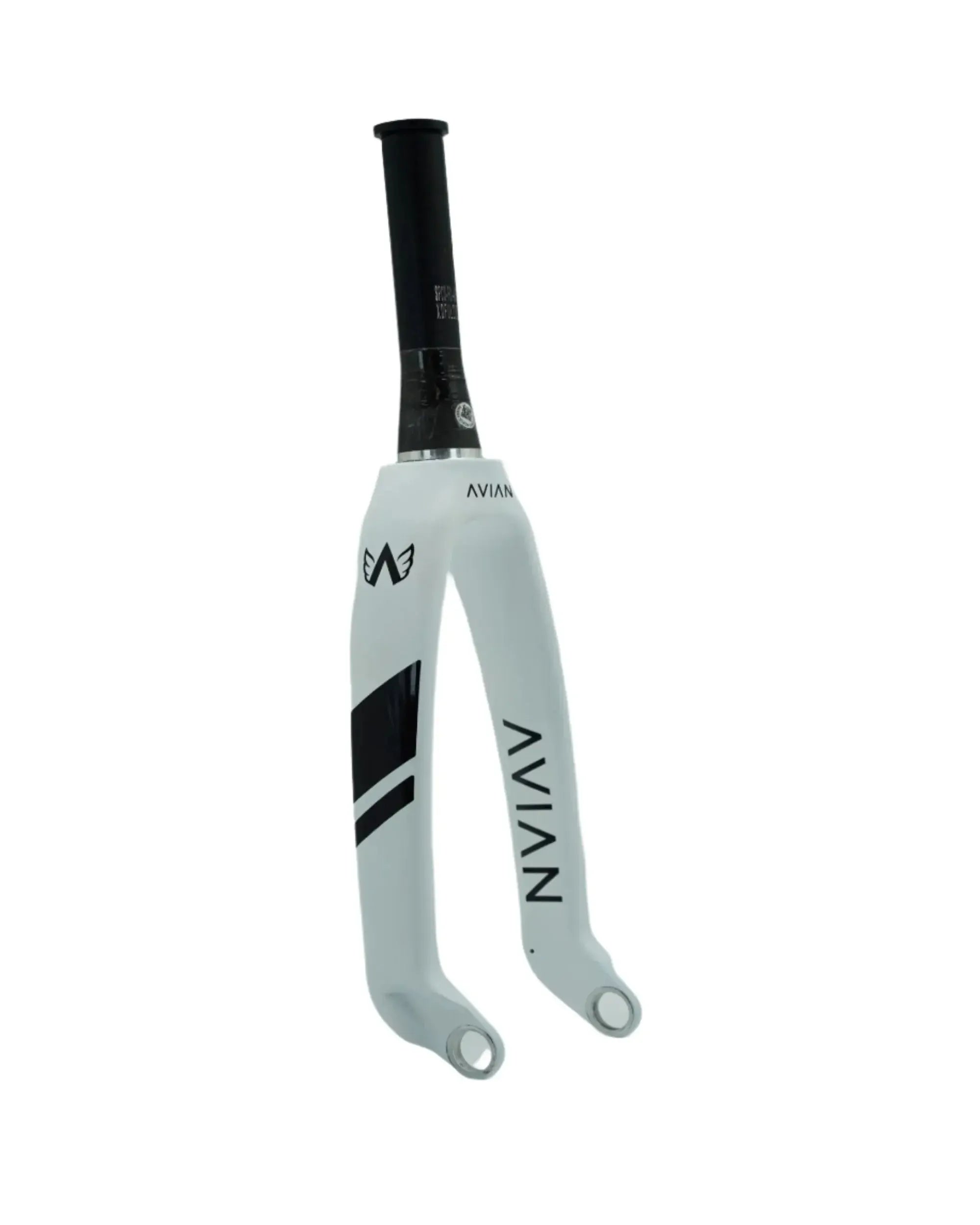 The Avian Versus Pro 20 Inch 20mm Tapered Carbon Fork, finished in white with black graphics, is crafted from premium Toray carbon for BMX racing and is displayed against a plain white background.