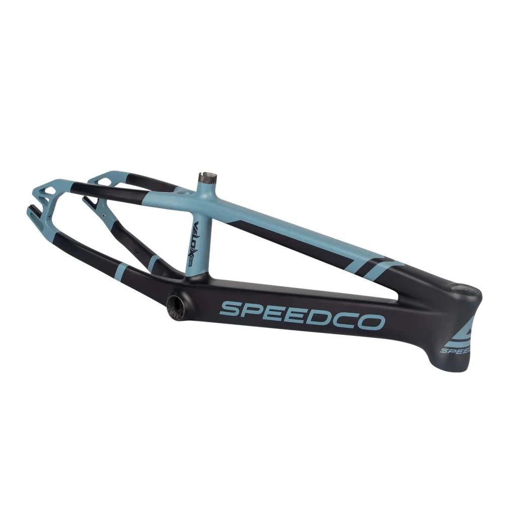 A Speedco Velox EVO Carbon Frame PRO L with aerodynamic tubing and a downtube/BB interface for racing frames.