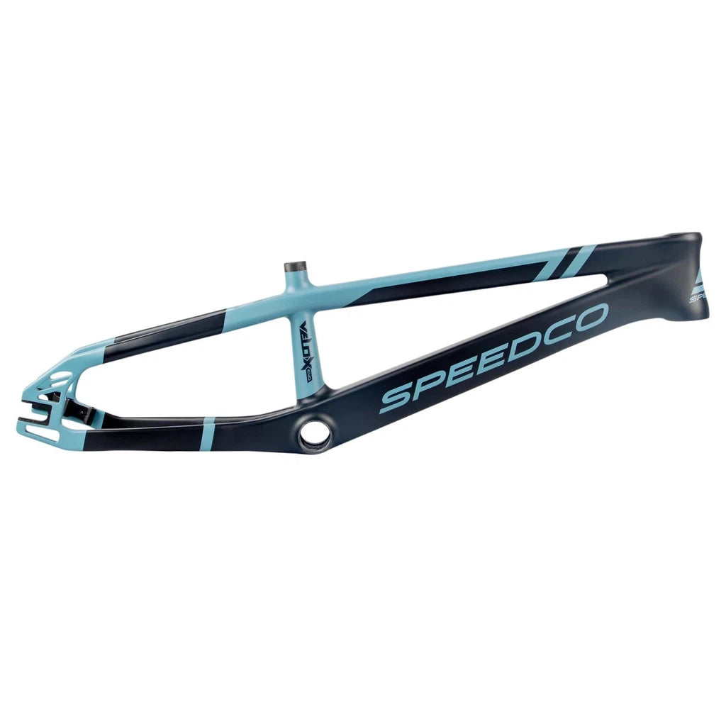 An aerodynamic blue and black Speedco Velox EVO Carbon Frame PRO XXL bike frame with the word speedco on it.