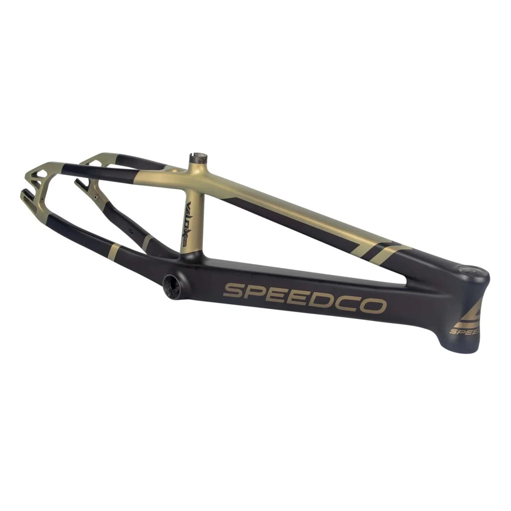 An aerodynamic Speedco Velox EVO Carbon Frame PRO XXL racing bike frame in black and gold featuring the word Speedco.