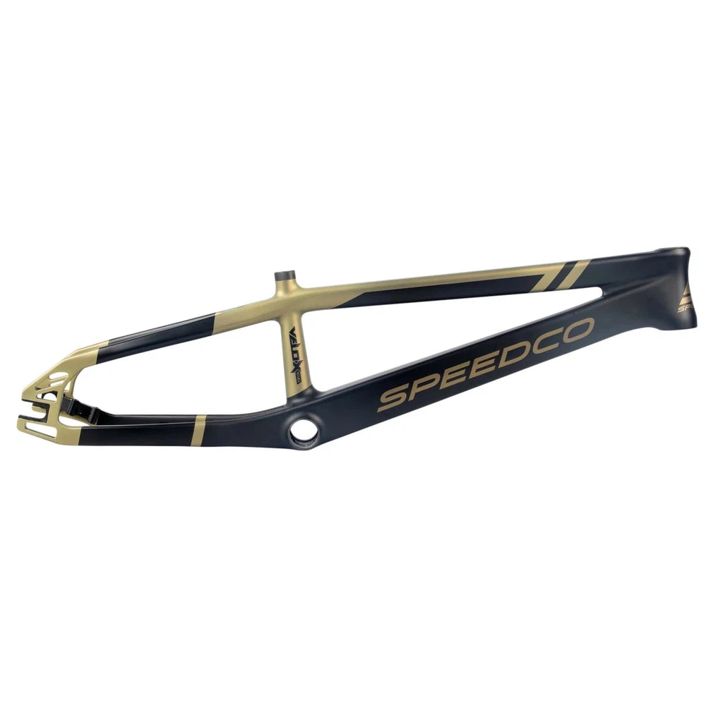 A sleek and aerodynamic Speedco Velox EVO Carbon Frame PRO XXL bike frame in black and gold color.