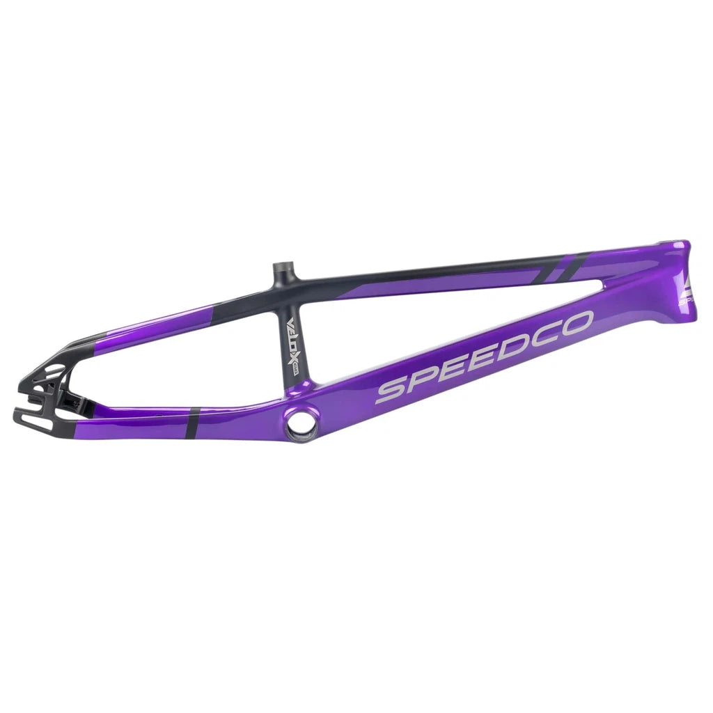 An aerodynamic purple Speedco Velox EVO Carbon Frame PRO XXL bike frame with the word speedco on it.