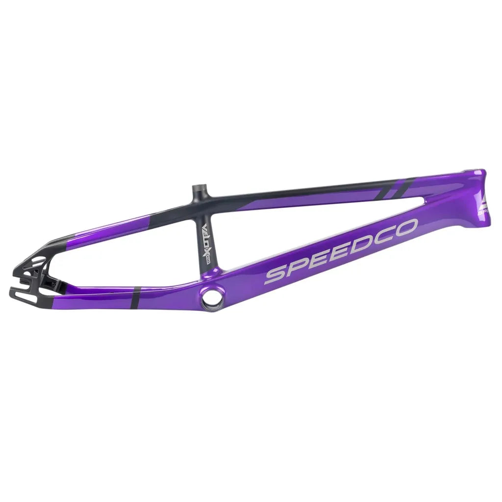 A purple and black Speedco Velox EVO Carbon BMX Race Frame Expert XL, made from premium Toray T-700 carbon, is displayed against a white background.