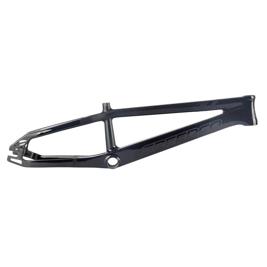 A black Speedco Velox EVO Carbon BMX Race Frame Expert made from Toray T-700 fiber features a sleek design and "Speedco" branding on the side, displayed against a white background.