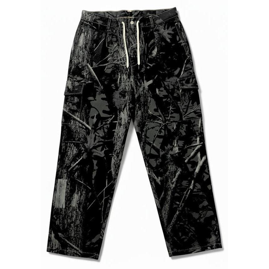 Monticule Ocean Park Cargo Pants in dark camo with white waist drawstring and side pockets, crafted with Dura-flex technology for durability and comfort, shown laid flat on a white background.